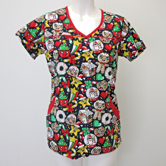 UA Scrubs Christmas Scrub Top Size XS/Small Penguin Santa Medical Nurses Holiday - Picture 1 of 12
